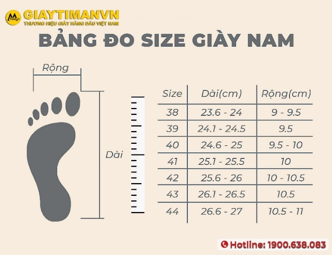 Bảng đo size giày nam tại Timan