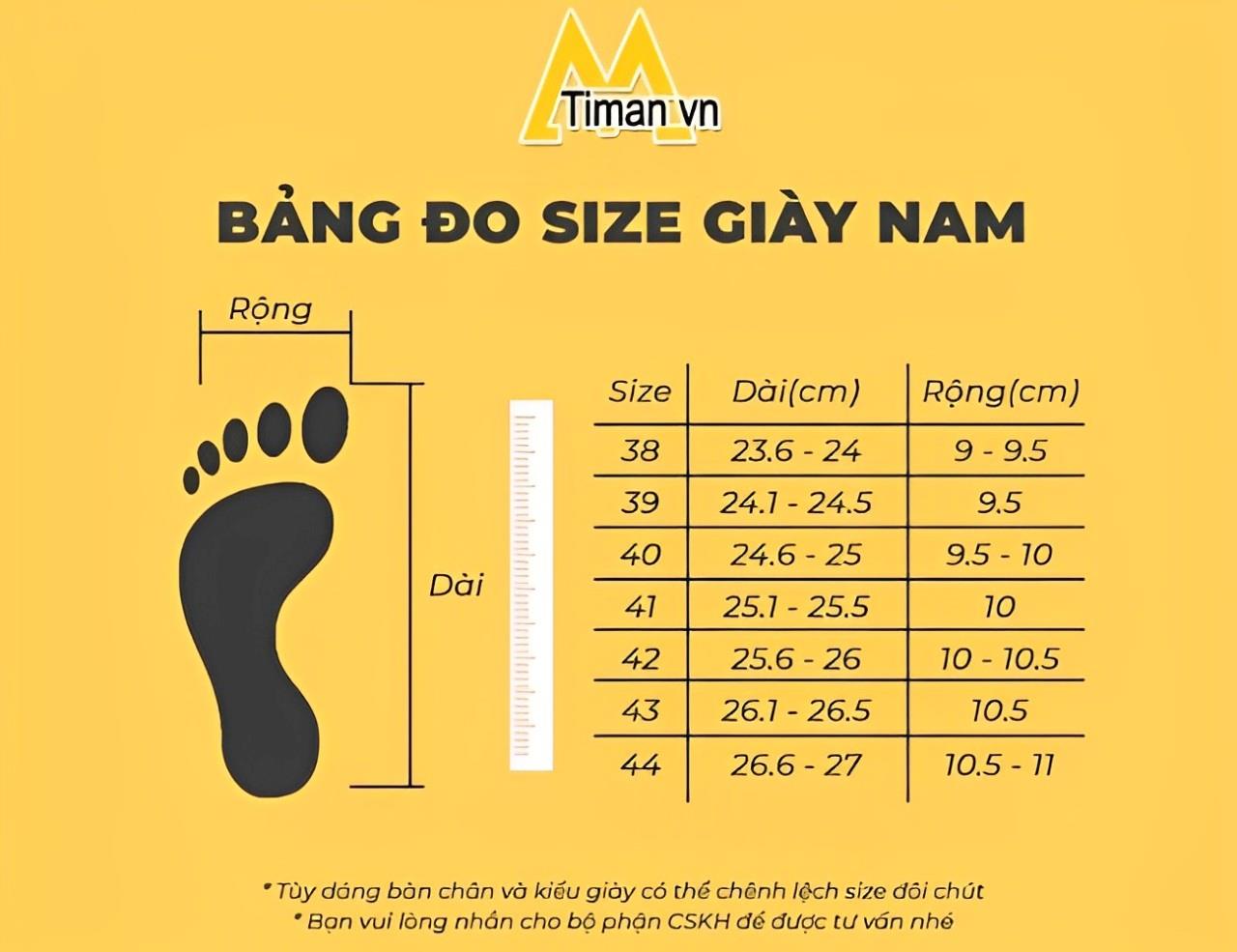 Bảng size giày lười nam Timan