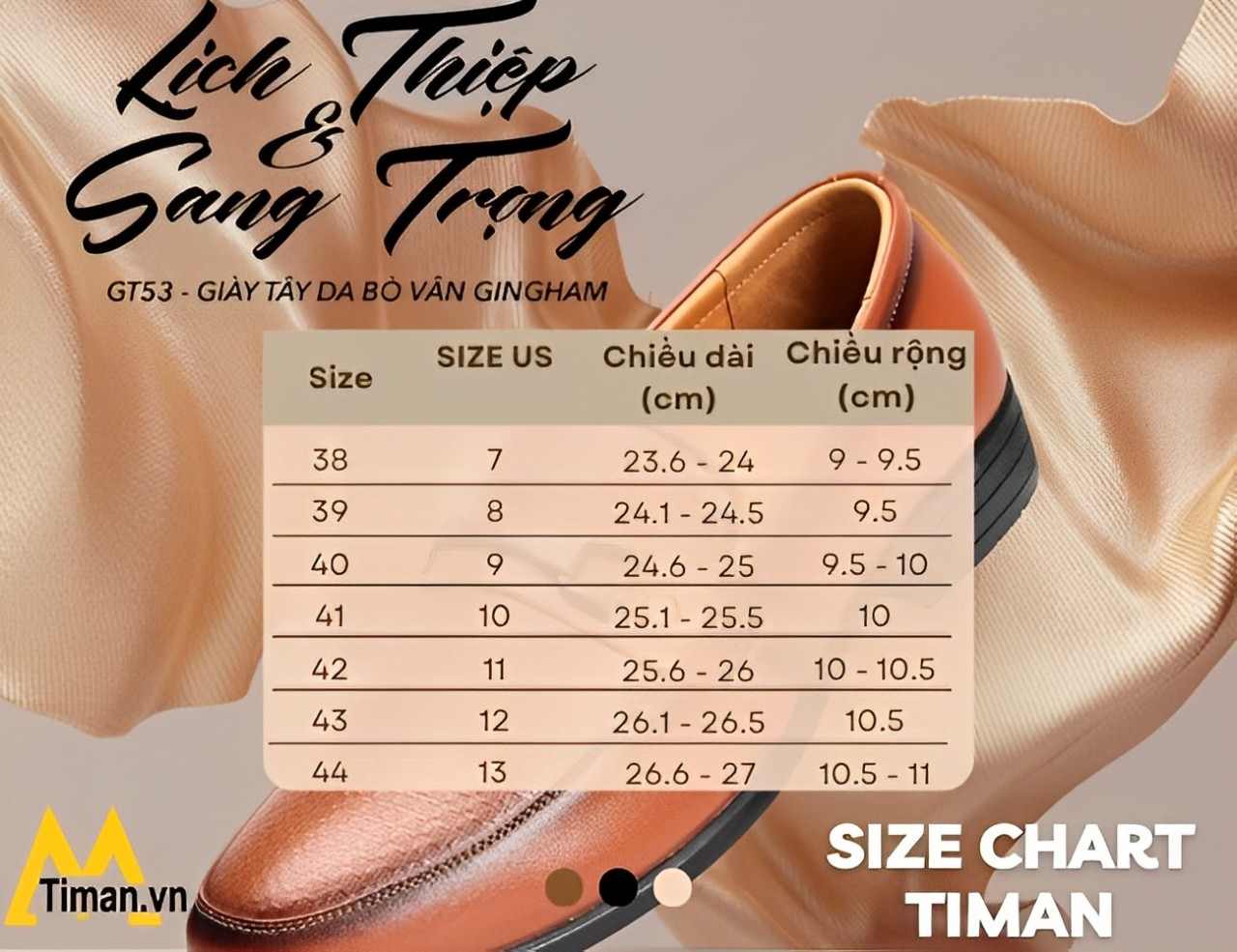 Bảng size giày tây nam tại Timan