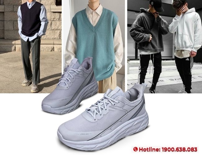 Giày xám phối đồ theo phong cách nam hiện đại, phóng khoáng