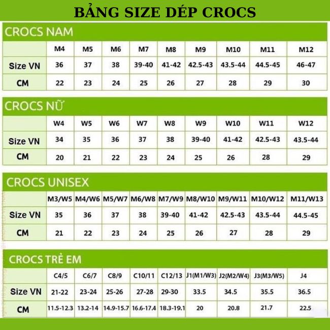 Bảng size dép Crocs cho nam nữ và trẻ em