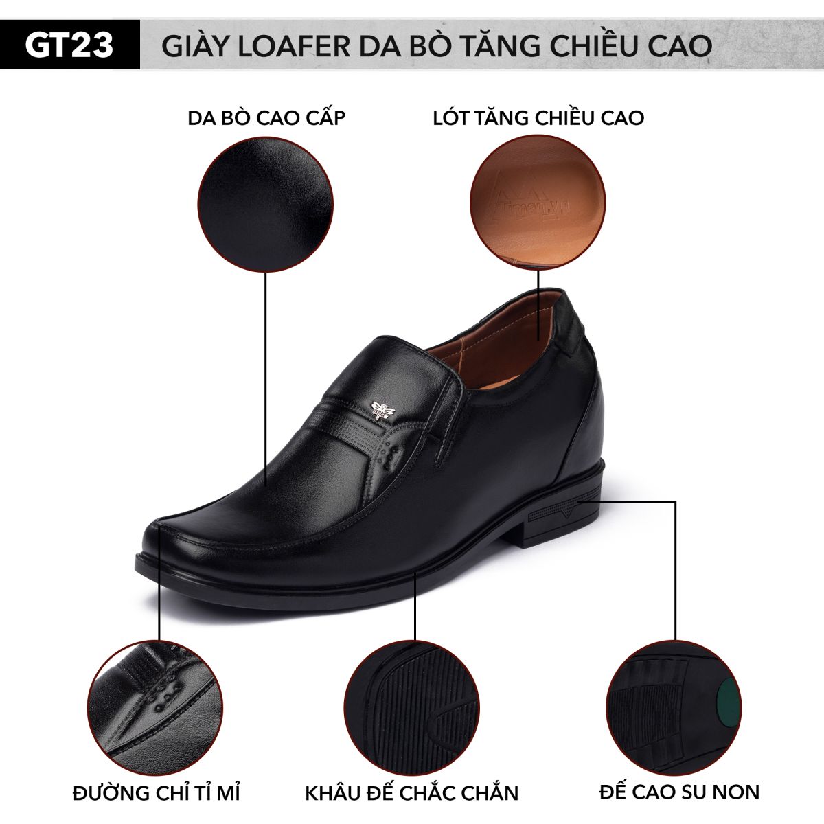 Giày tây da bò tăng chiều cao nam GT23 chính hãng